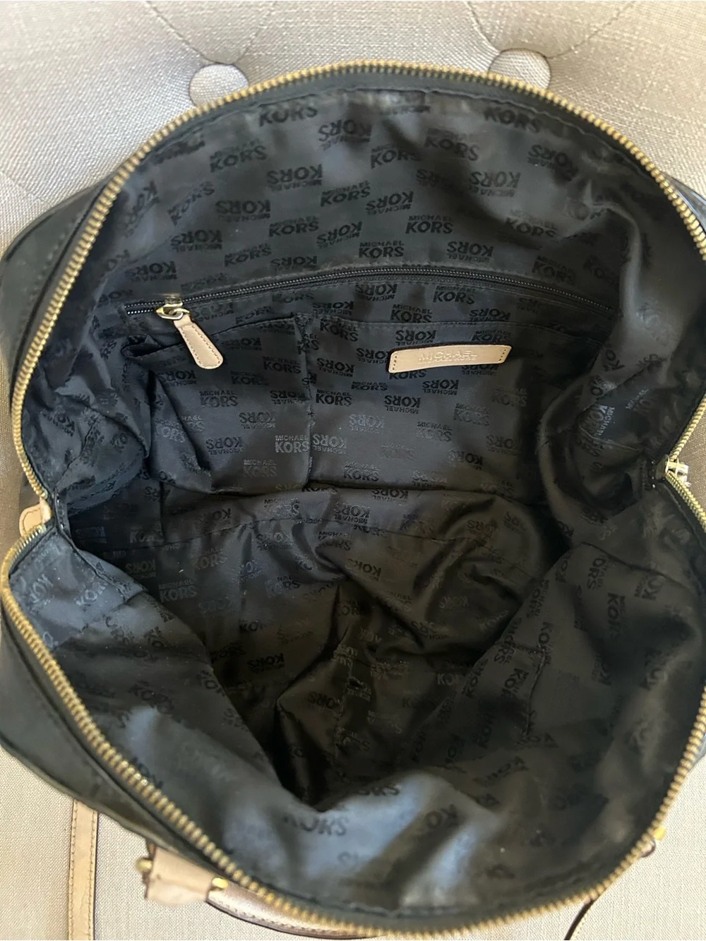 Michael Kors Black Patent Satchel with Beige Trim and MK Charm